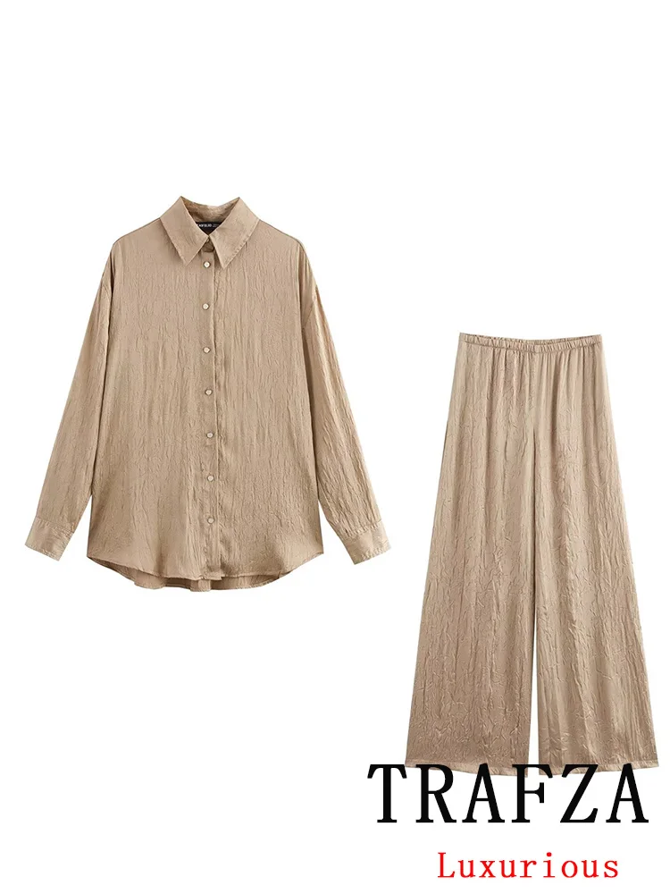 TRAFZA Vintage Casual Chic Khaki Solid Women Suit Long Sleeve Single Breasted Blouse Loose Straight Pants New Fashion 2024 Suits