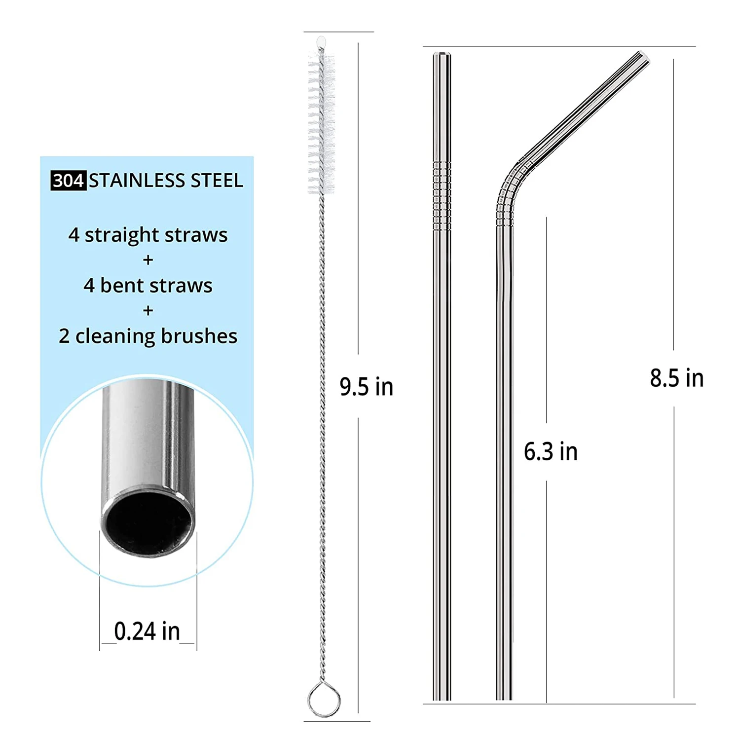 Palhas de aço inoxidável reutilizáveis e ecológicas, para copo, coquetel, com viagem, 8.5 polegadas