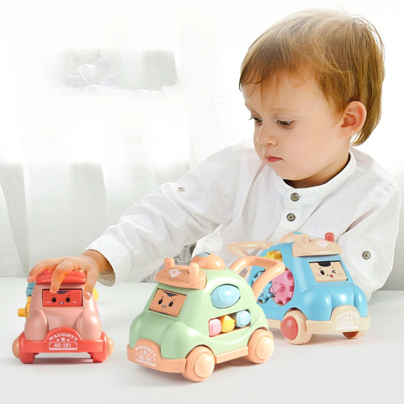 Criança puxar ao longo brinquedo andando carrinho musical iluminar carro brinquedo rastejando para caminhar aprendizagem brinquedos dos desenhos animados carrinho poliédrico carro brinquedo