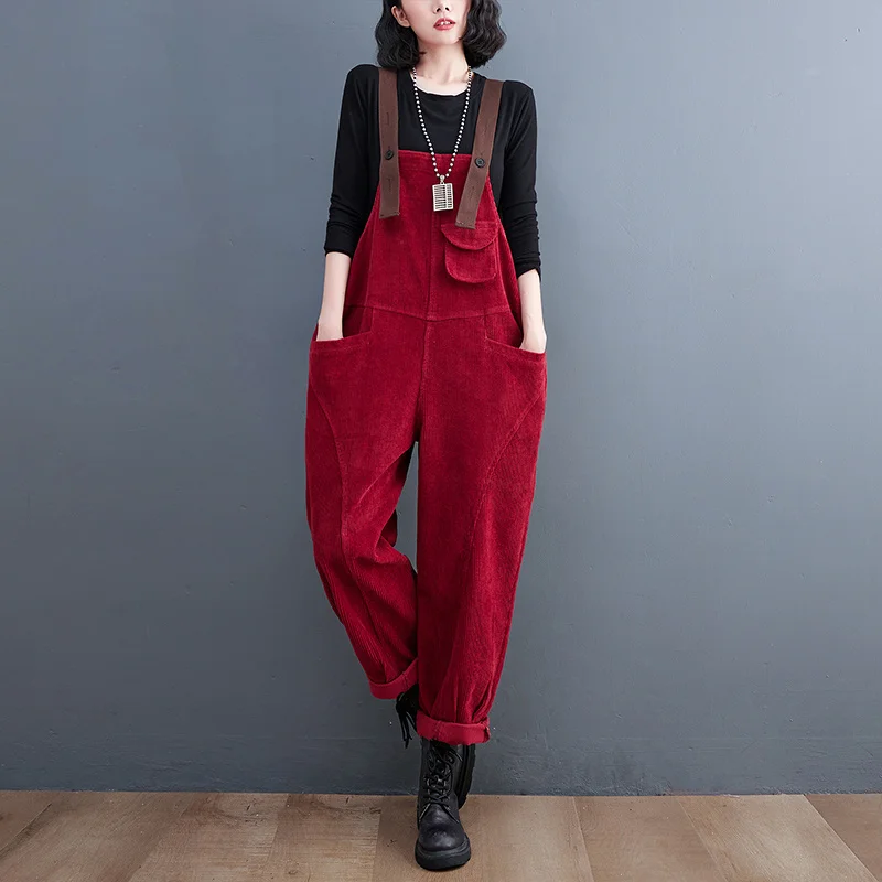 #2358 Autumn Winter Corduroy Jumpsuits Women Pockets Loose Rompers Womens Ladies Harem Overalls Long Jumpsuit Female Black Red