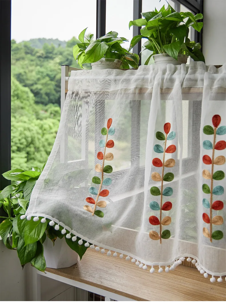 Four Color Embroidered Leaf Semi Sheer Curtain for Kitchen Living Room Decoration Cabinet Embroidered Half Curtain Rod Pocket