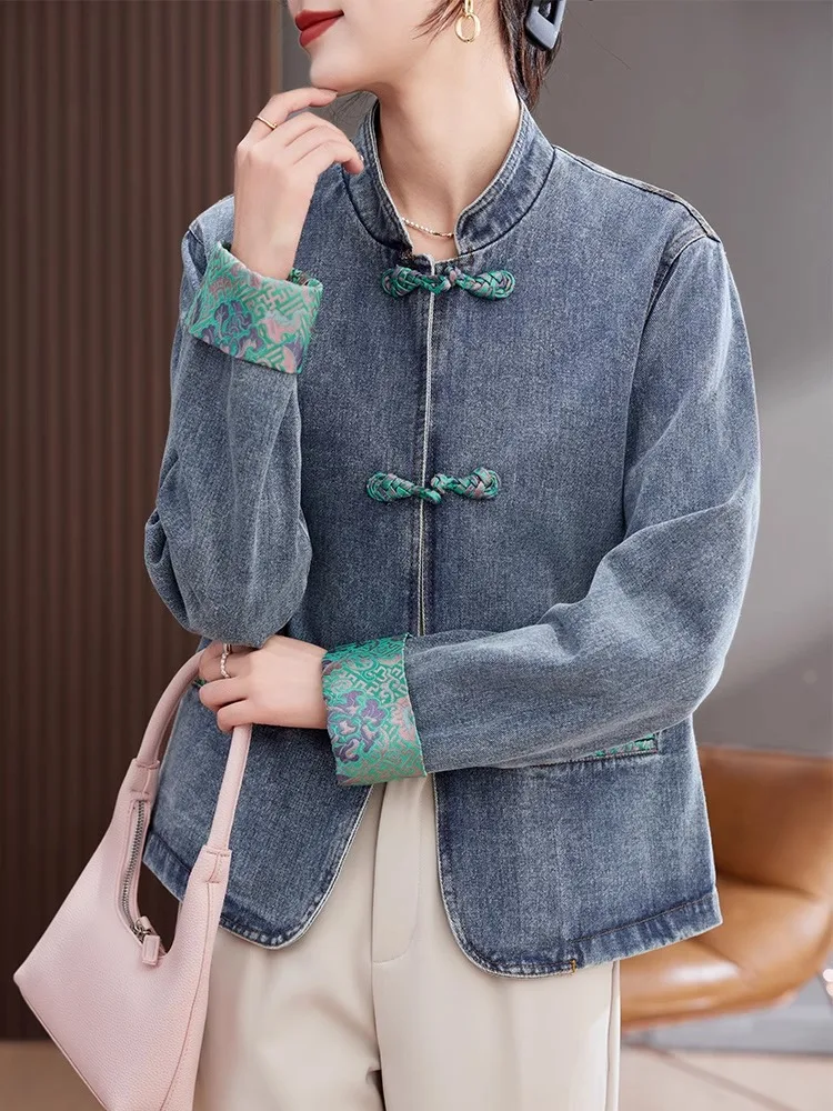 

Новое женское джинсовое джинсовое пальто в китайском стиле, весенне-осеннее свободное пальто на пуговицах, винтажное ретро-высококачественное пальто