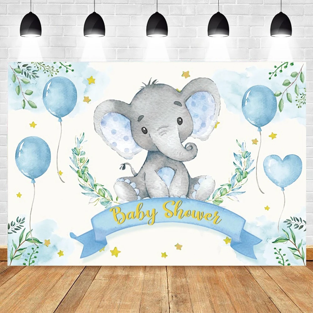 Blue Elephant Backdrop for Baby Shower Decoration Boy 1st Birthday Newborn Party 1 Year Banner Photography Background Photozone