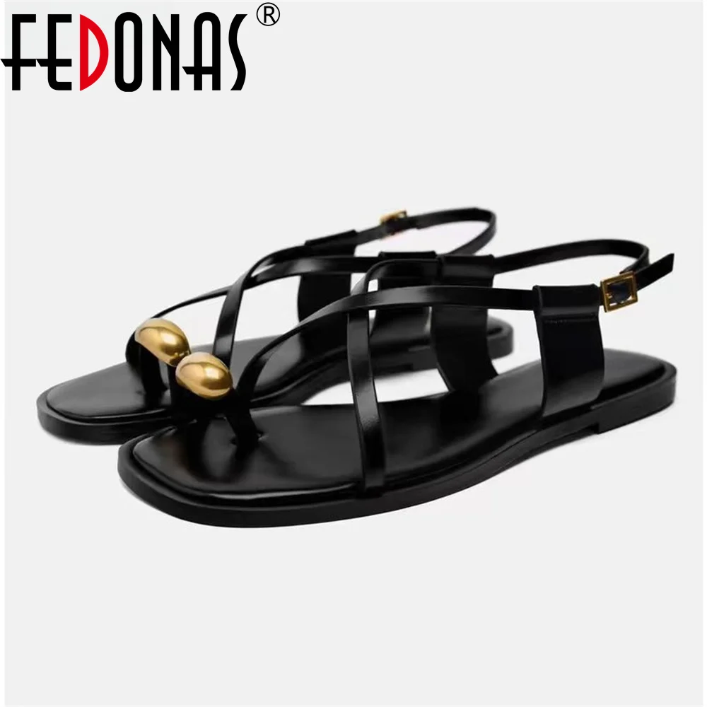 FEDONAS Fashion New Women Genuine Leather Sandals Flats Heels Metal Decoration Party Shoes Woman Comfort Casual Shoes Sandals