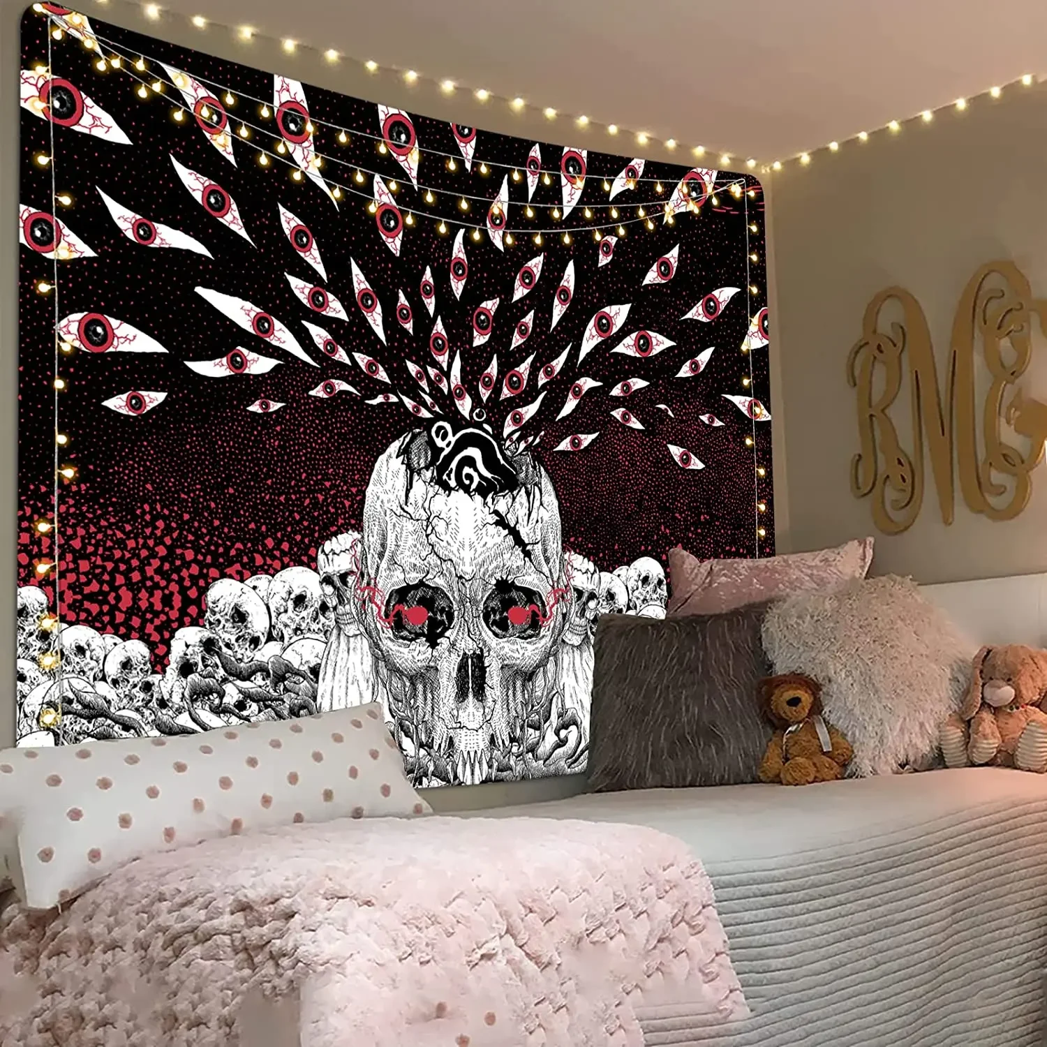 Gothic Skull Tapestry Black and White Skeleton Tapestry Wall Hanging for Bedroom Hippie Eyes Boho Home Decor Trippy Moon Cloth
