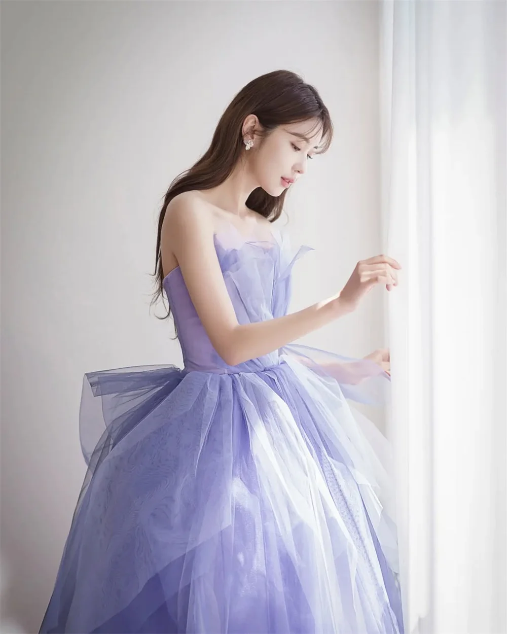 TULX Fee Lila Tüll Abendkleid Korea Hochzeit Fotoshooting Trägerloses Brautpartykleid Korsett Bodenlang Maßgeschneidert 2025