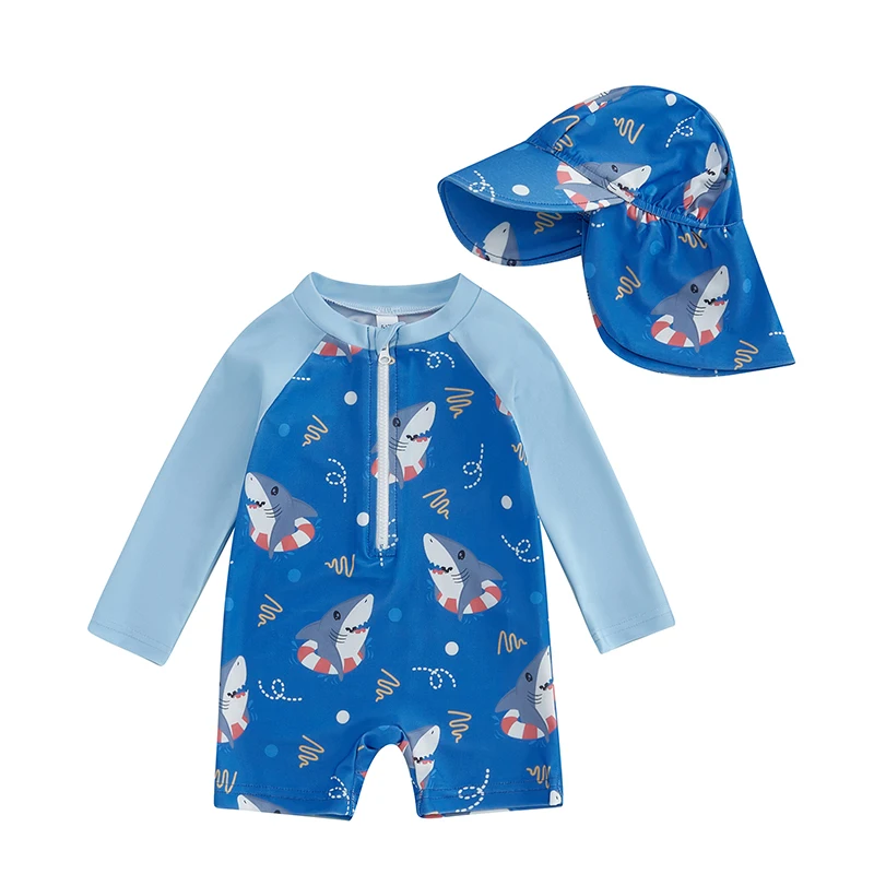 

Toddler Boy Long Sleeve Swimsuit Shark Print Half Zipper Non-Pilling Rash Guard Swimwear Sunhat Set