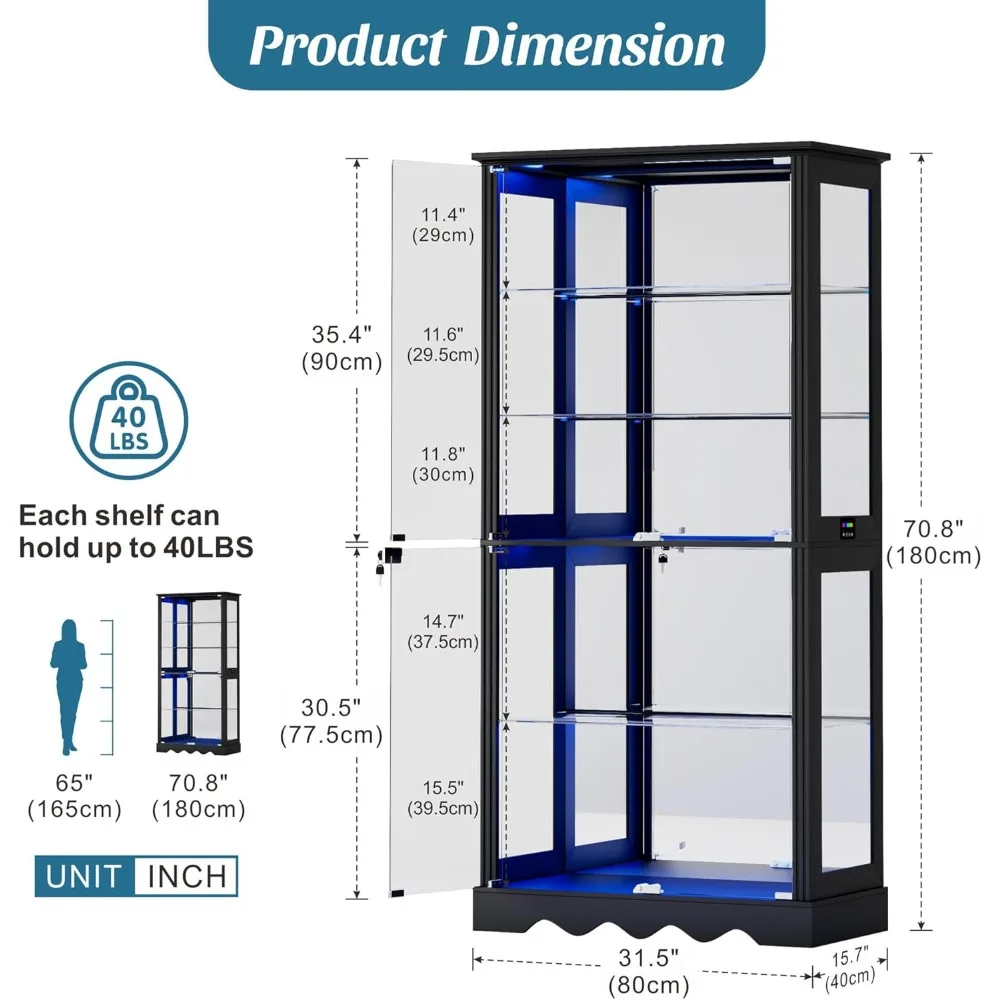Armadietto con ante in vetro, armadietto per curiosità alto 71'' con luci RGB per oggetti da collezione, vetrina a LED con rimovibile
