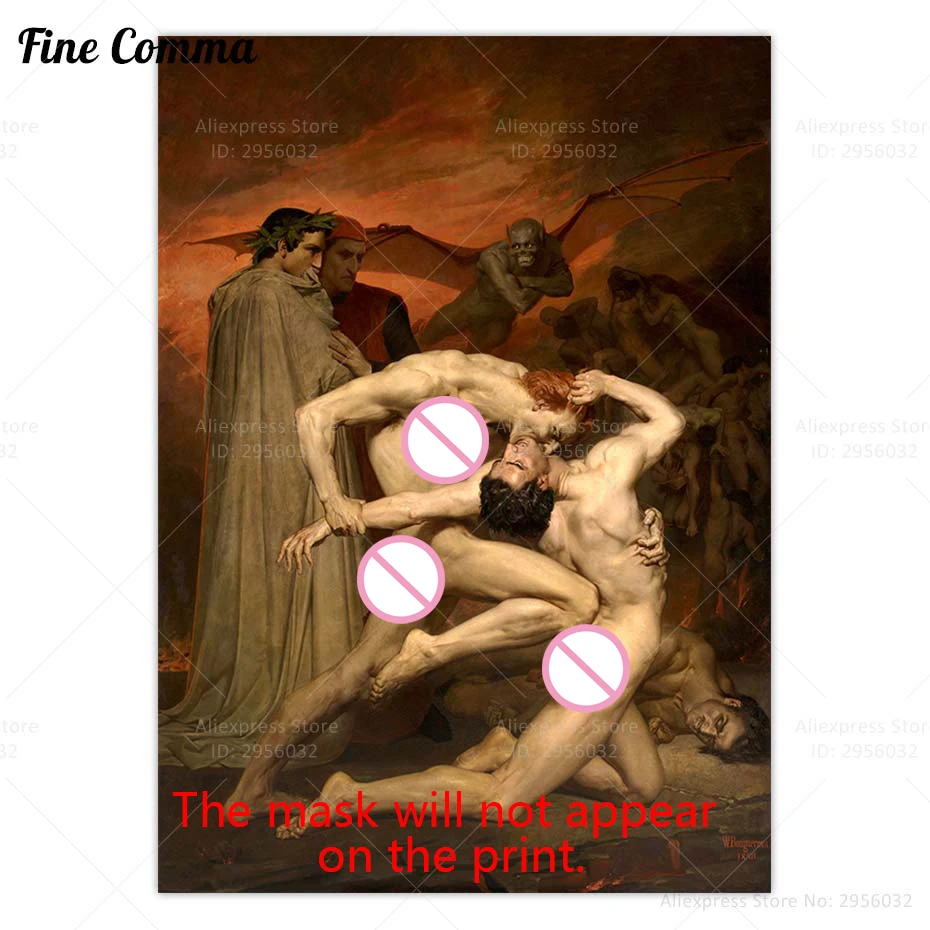 Vintage Poster Dante and Virgil in Hell William Adolphe Bouguereau Antique Oil Painting Reproduction Canvas Print Wall Art Decor