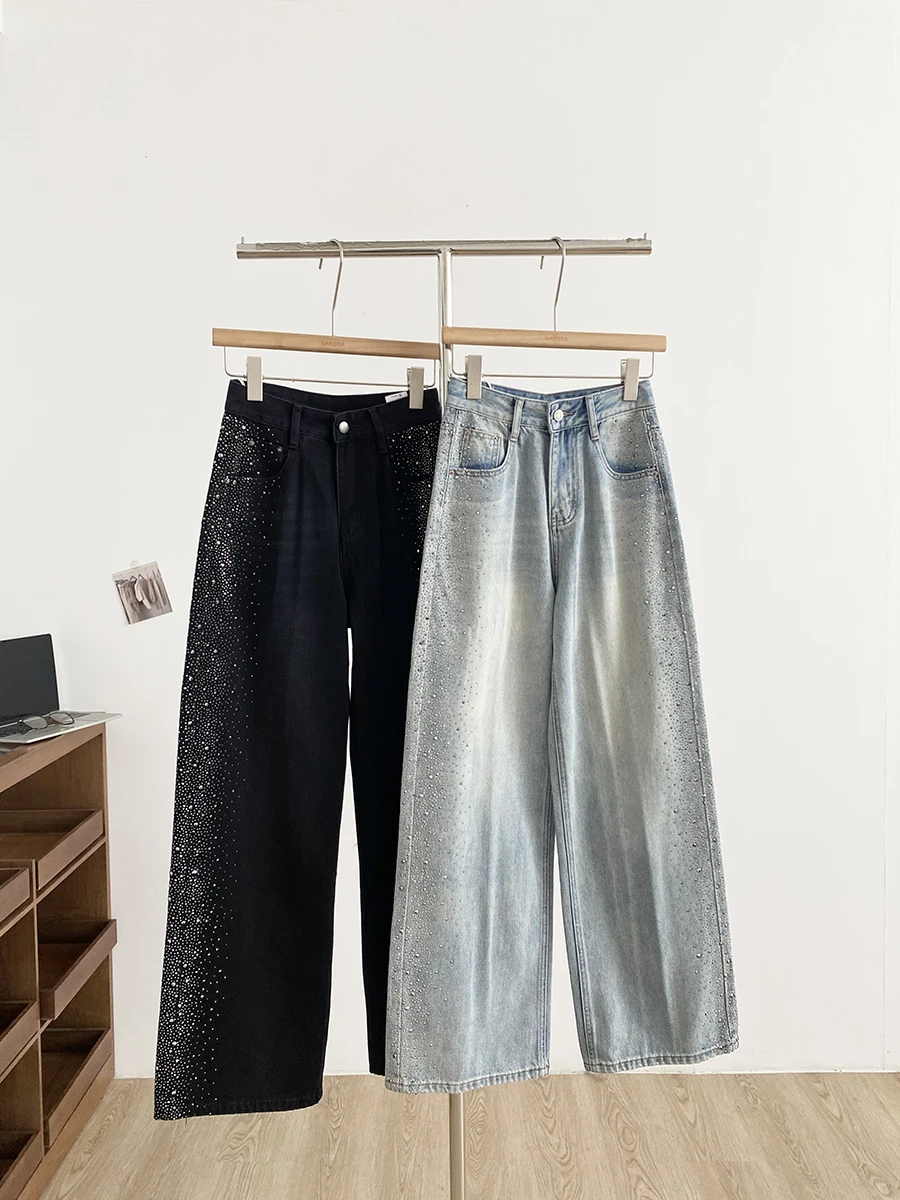 

Джинсы женские прямые с высокой талией, в стиле ретро, с блестящими стразами, весенние, свободные, стройнящие, универсальные, струящиеся, длинные брюки