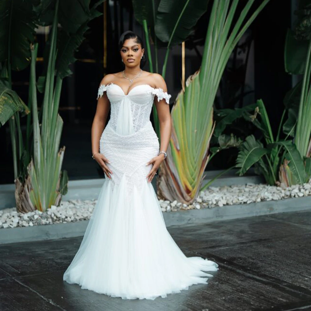 Luxury Wedding Dresses Off Shoulder Sleeveless Mermaid African Lace Bridal Gown Beaded Reception Tulle Bride Dress Customized
