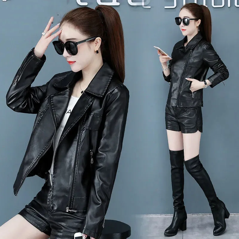 Spring Autumn Leather Jacket Women Long Sleeve Slim Fit Zipper Basic Coat Turn-Down Collar Motor Biker Short Outcoat Female