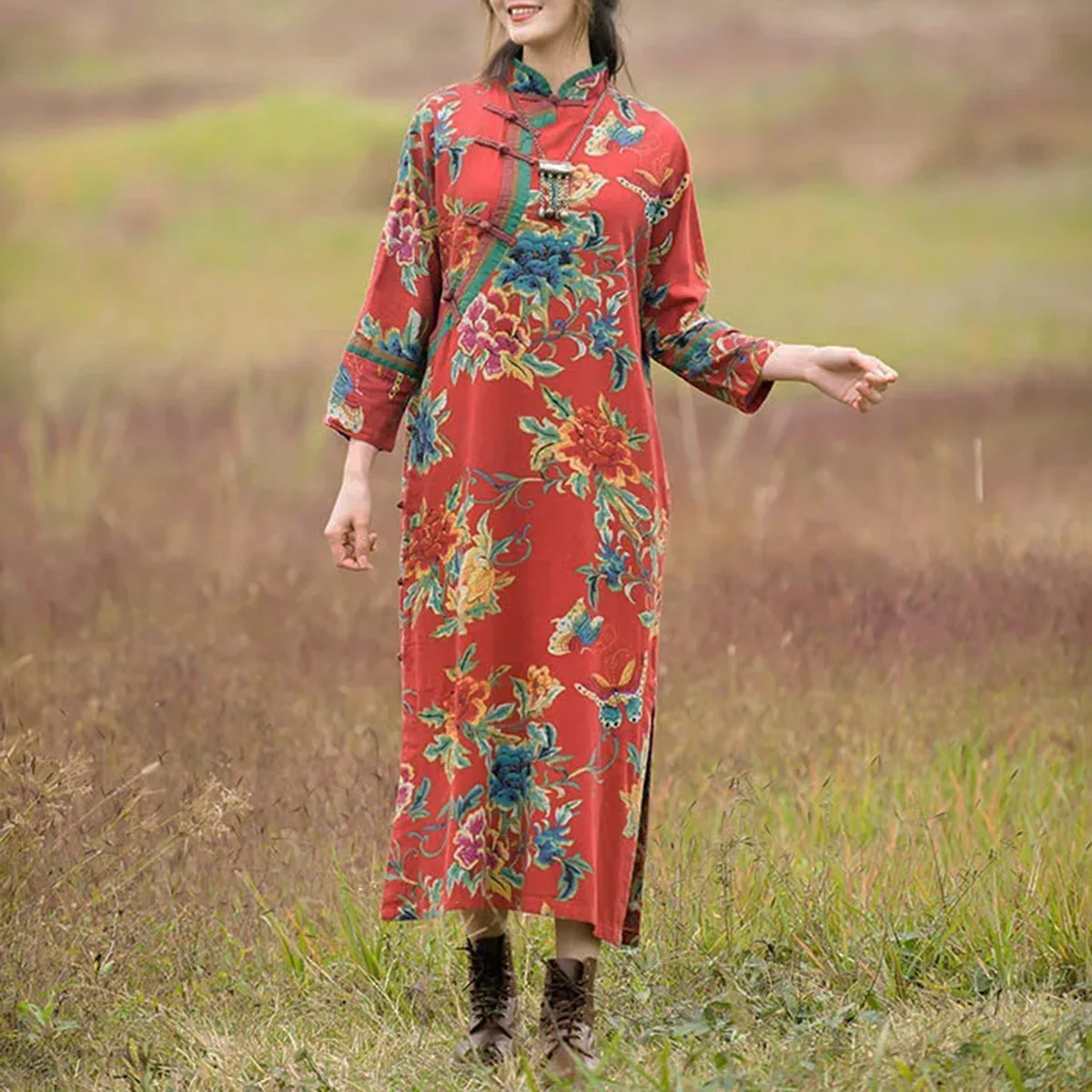 

Женское платье Cheongsam из хлопка и льна с цветочным принтом, весеннее платье Ao Dai с длинными рукавами и боковым разрезом, традиционное китайское элегантное длинное платье Qipao