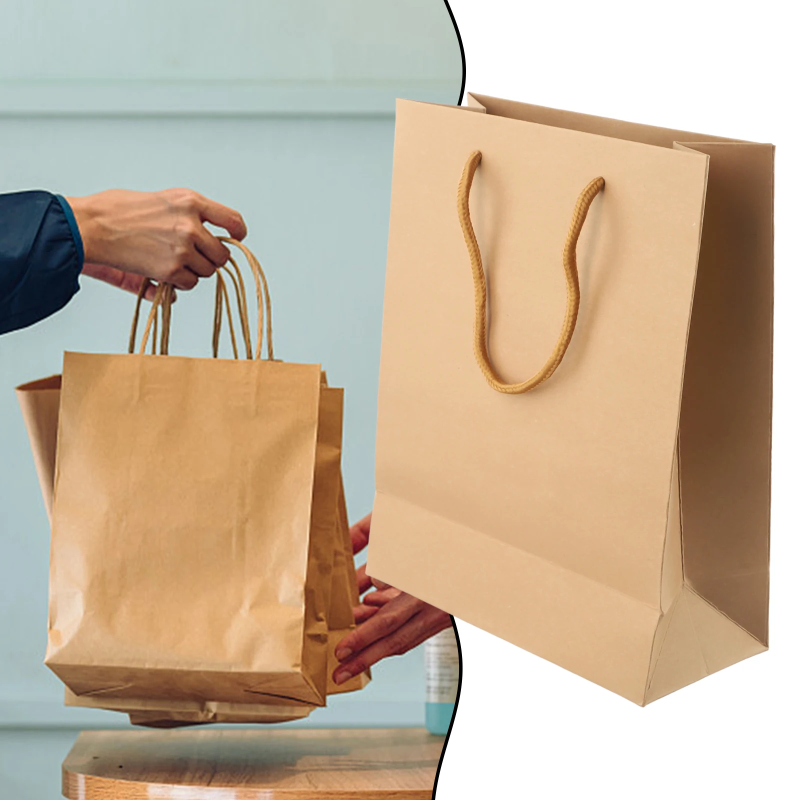 Bolso de mano Kraft marrón, bolsas de transporte creativas con asa plana, bolsas de papel para el hogar, fiesta, compras reciclables, nuevo