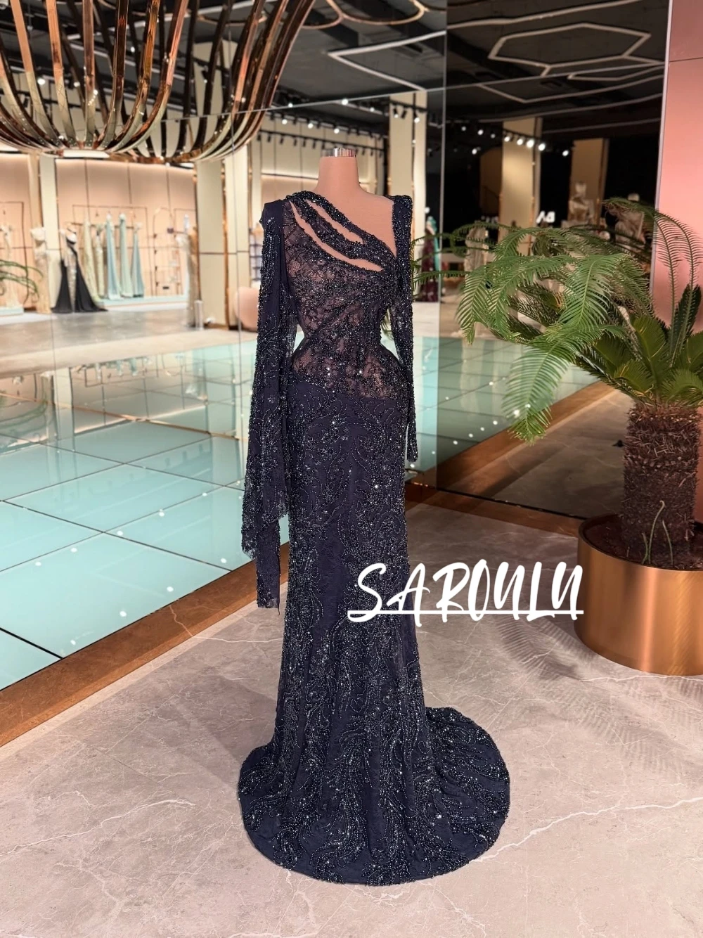 

Темно-синее прозрачное кружевное вечернее платье русалки с нежным бисером, уникальный эффектный рукав для ночных вечеринок, коктейльное платье по индивидуальному заказу