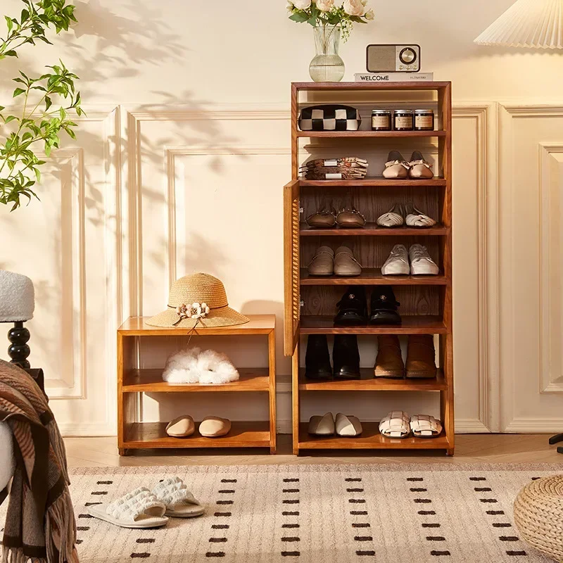 خزانة أحذية عالية ومنخفضة من الخشب الصلب، مدمجة على الطراز الصيني الجديد، طبقات دخول الشرفة، رف أحذية الروطان