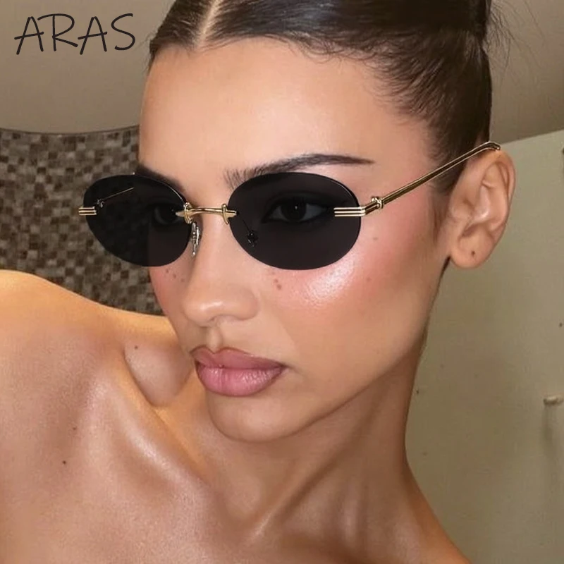 

Small Frame Oval Rimless Sunglasses Women 2025 Luxury Brand Trendy Round Metal Sun Glasses UV400 Traveling Eyewear For Ladies