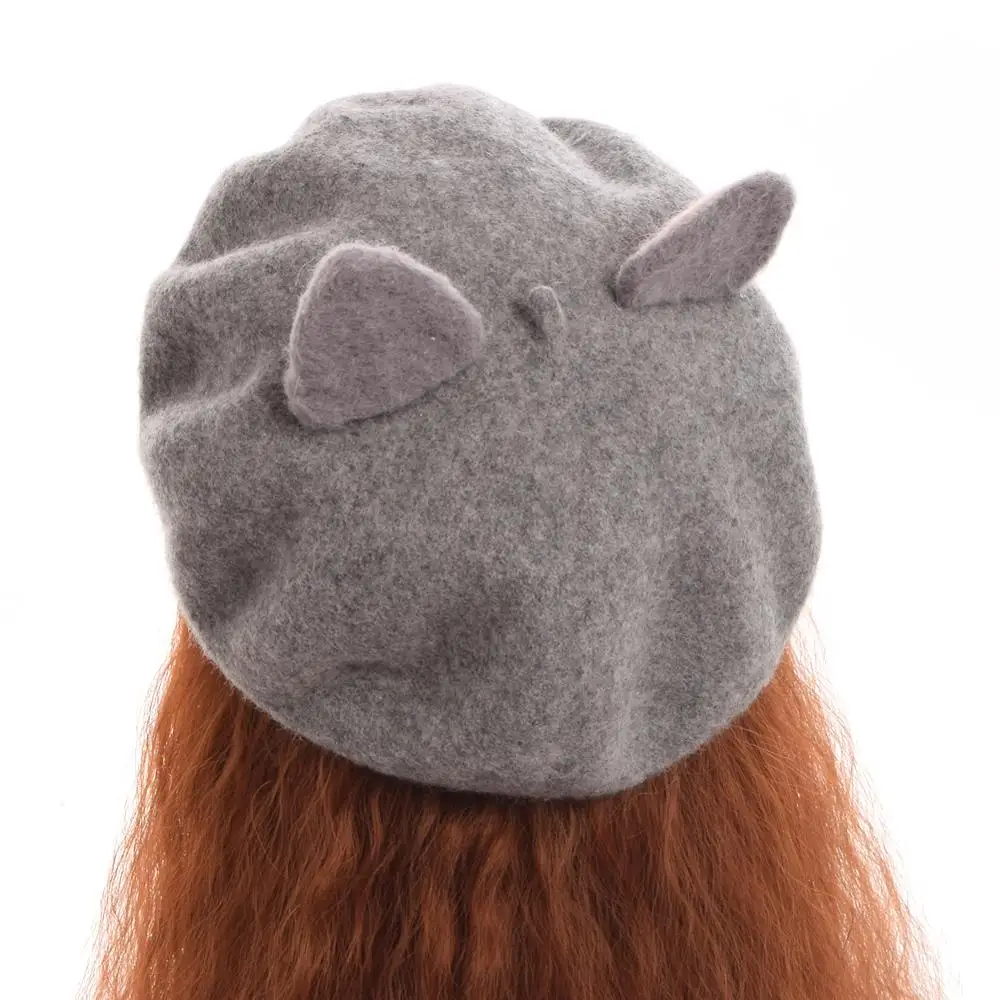 Cute Lolita Beret Handmade Pink Women Cat Ears Hat Woolen Beanie Cap