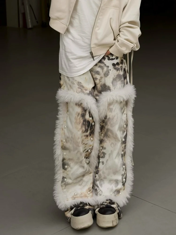 

Американский уличный дизайн с леопардовым принтом, джинсы с цифровой печатью, женские уличные сексуальные шерстяные брюки длиной до пола, модные