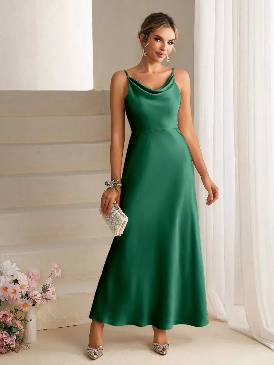 Elegant Satin Spaghetti Strap Long Gown For Bridesmaid Party Prom view 2