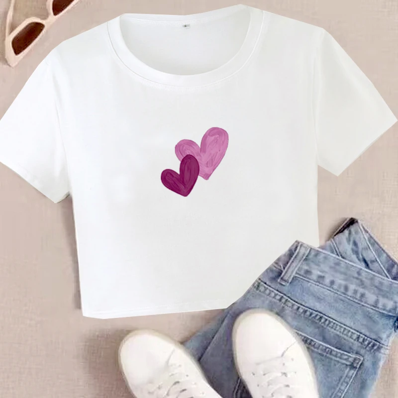 Y2k Aesthetic Heart Printed Patchwork Crop Tops Short Sleeves Summer Fairy Grunge Baby Tee 2000s Streetwear Casual Women T-Shirt