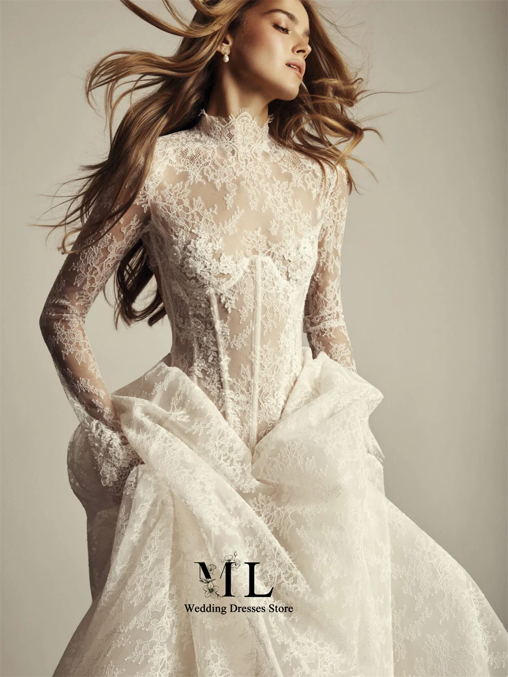 ML Rustic High Neck Full Sleeve A-line Wedding Dress Applique Lace A-line Long Bridal Gown Robe de mariée Customized 2026