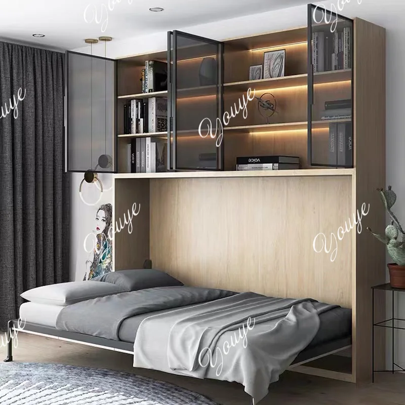 

JCustomized Wall Bed Minimalist Light Luxury Bookcase Combination Reinforced Four Keel Automatic Invisible Bed Rollover Multifun