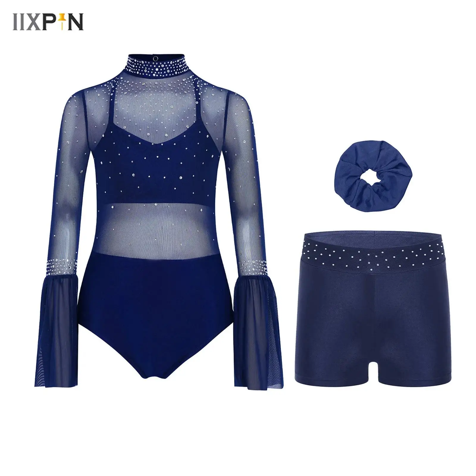 

Kids Girls Gymnastics Figure Skating Dance Bodysuit Flare Sleeve Sheer Mesh Patchwork Sparkly Rhinestone Leotard+Shorts+Headwear