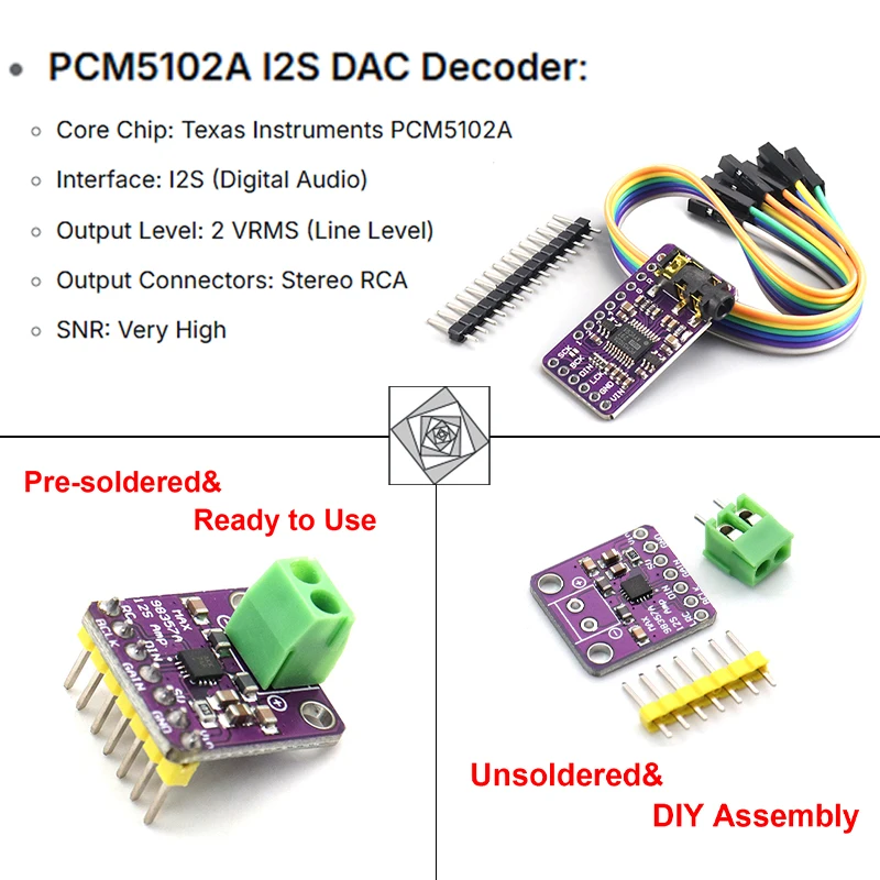 PCM5102A I2S DAC, MAX98357 I2S Amp, Hi-Fi Audio Module, Headers Option, for Raspberry Pi, Individual Sale