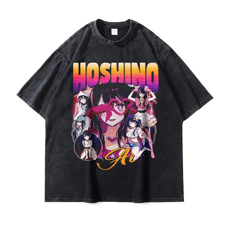 Anime Oshi No Ko T-shirt Cute Vintage Washed Hoshino Ai Oversized T Shirts Retro Streetwear Manga Kurokawa Akane Tops Tees Girl