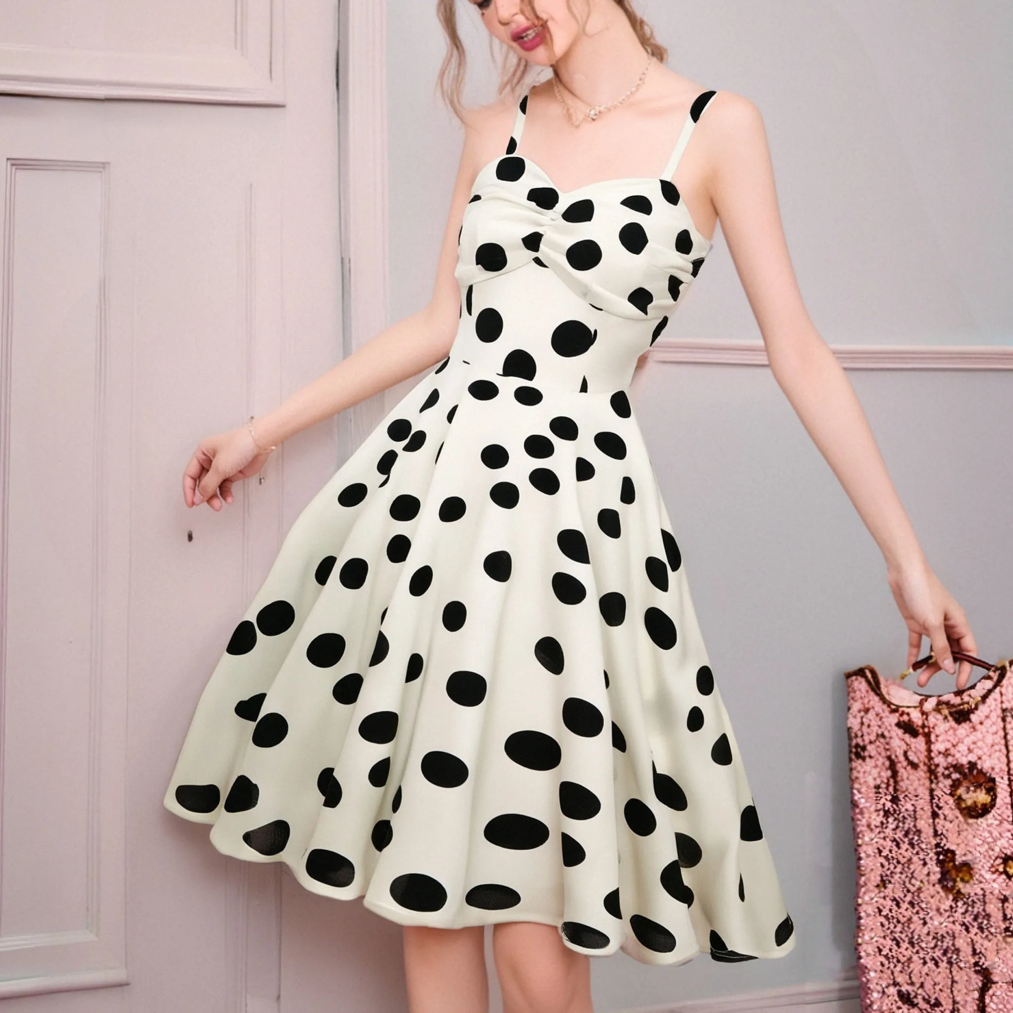 

Vintage Party High Waist Polka Dot Print Summer Dresses Ruched Sweetheart Neck Fit and Flare Holiday Prom Women Backless Dress