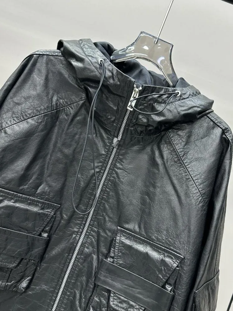 Nuovo designer Lady tasca con cerniera con cappuccio giacca in vera pelle di vacchetta manica lunga retrò autunno inverno stile corto casual femminile