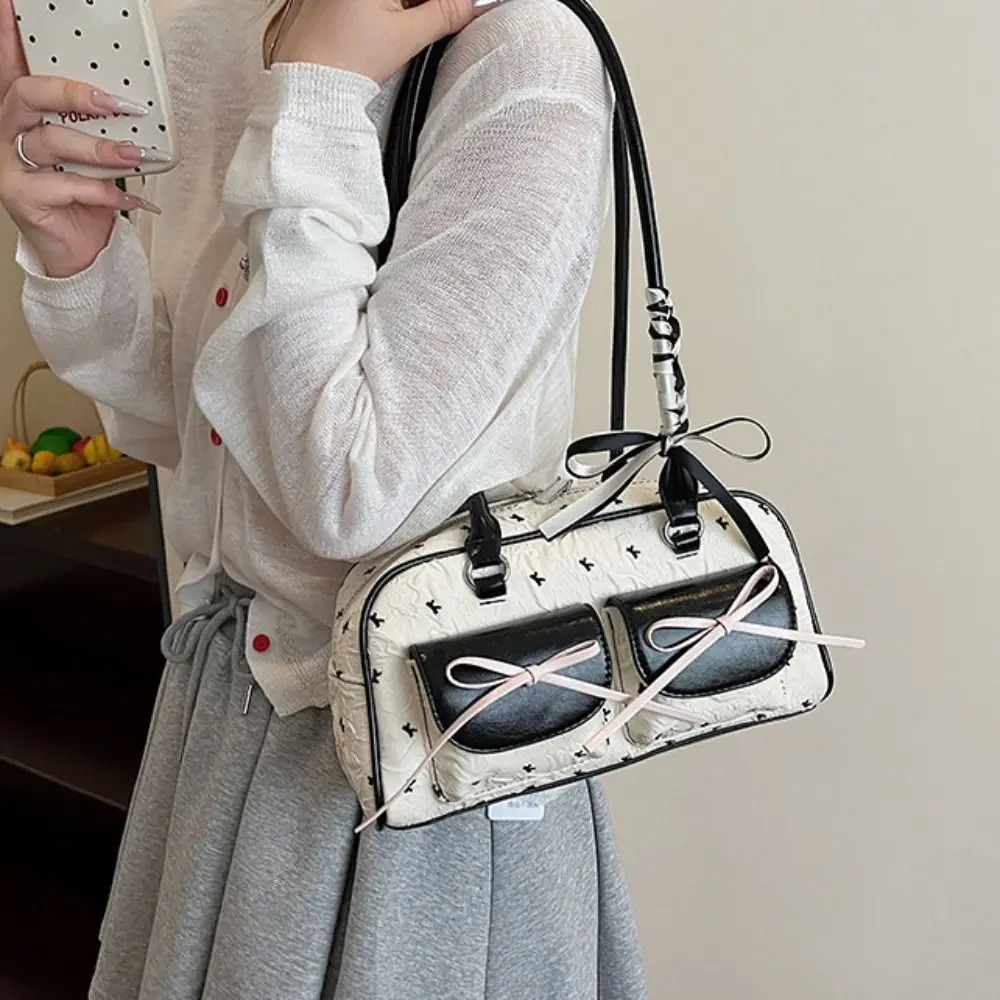 

Trendy Korean Style Bow Ribbon Shoulder Bag Sweet Leisure French Stick Underarm Bag Pocket Commuting Y2k Armpit Bag Women
