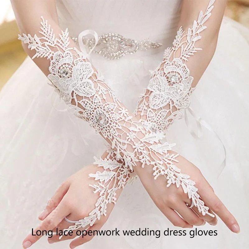 Elegant White Lace Long Wedding Gloves for Bride Crystal Fingerless Elbow Long Bridal Gloves Women Wedding Accessories SL