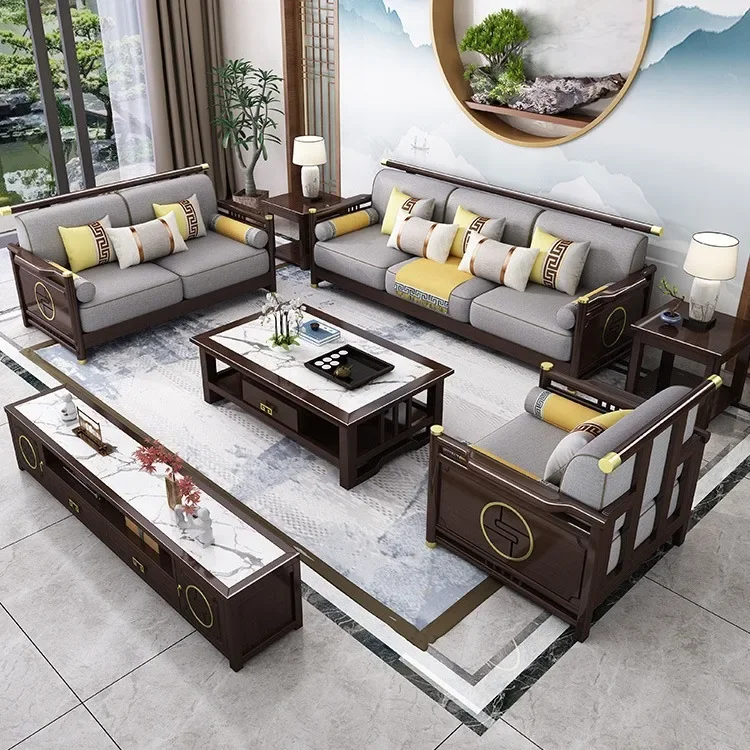 

New Chinese-style solid wood sofa combination modern simple Zen Chinese style living room concubine corner wooden light luxury