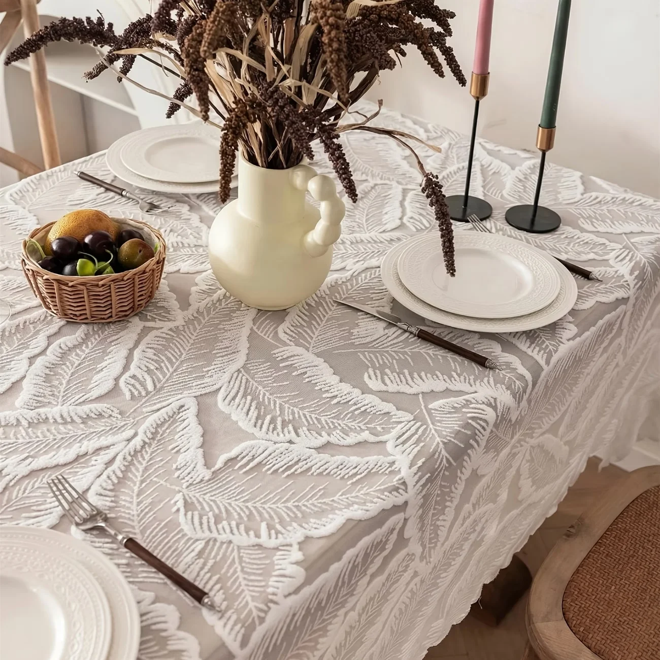 1PC Lace Cutout Edge Tablecloth, White Leaf Aesthetic, Sideboard Cover, Dustproof Table Linen for Outdoor Weddings & Home Decor