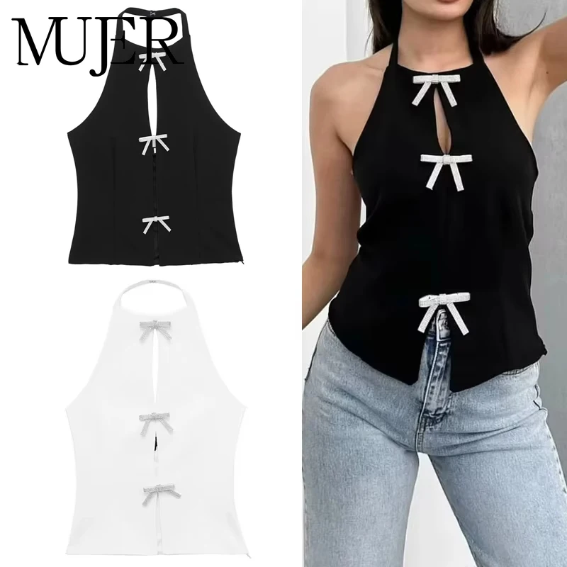 

MUJER Bow Rhinestone Crop Top Women Cut Out Black White Sleeveless Backless Top Female Off Shoulder Sexy Tops Woman Summer Tops