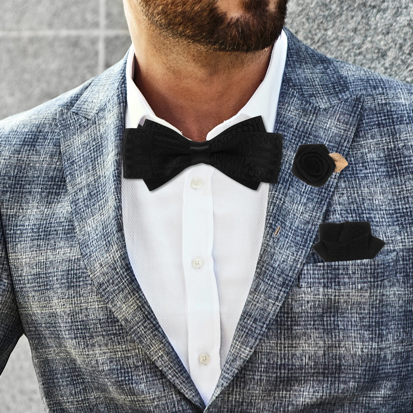 

Black Bow Tie Lapel Flower Handkerchief Suit Shirt Brooch Corsage Groomsmen Accessory Set for Men Tuxedo Wedding Party