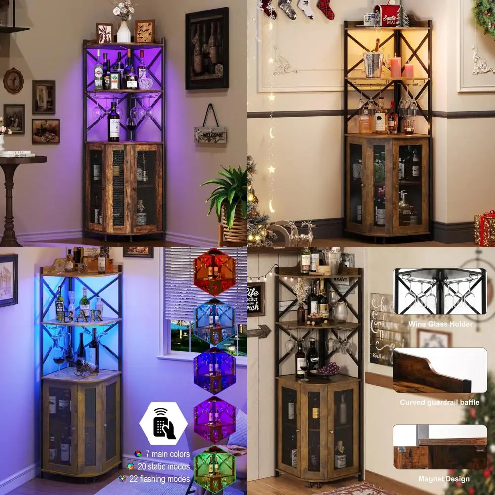 5단 러스틱 와인 바 캐비닛 LED 조명 및 유리 홀더 포함, 인더스트리얼 스타일 주류 보관함