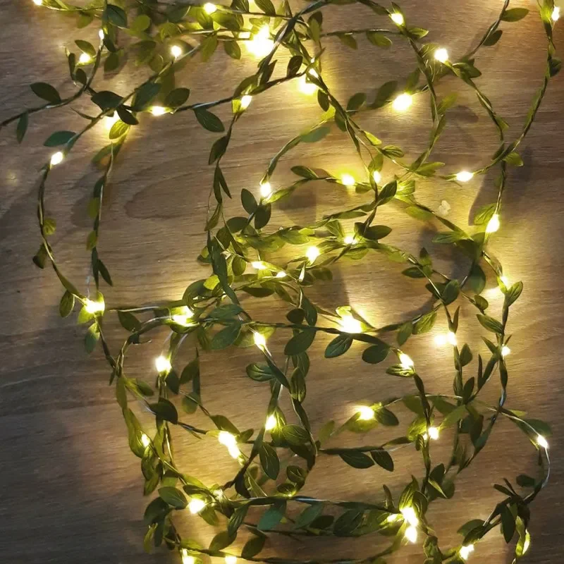 LED Green Leaf Artificial Vine Garland Fairy Lights, Outdoor Indoor Curtain Light for Christmas Tree Wedding Garden