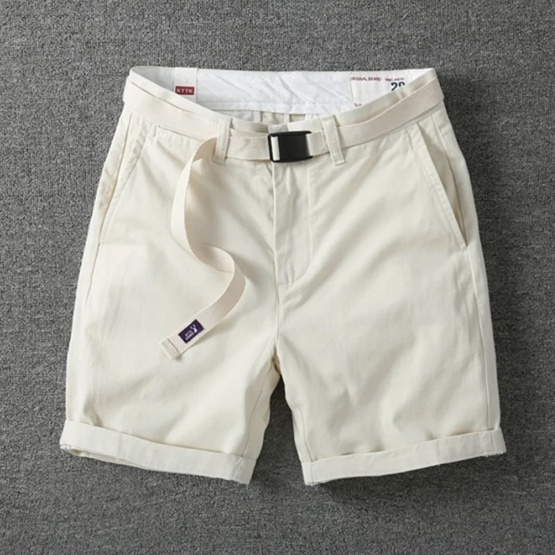 Men's Casual Cargo Shorts With Belt Solid Khaki Cotton Twill Chino Shorts Summer Workwear Short Pants For Male Daily Streetwear