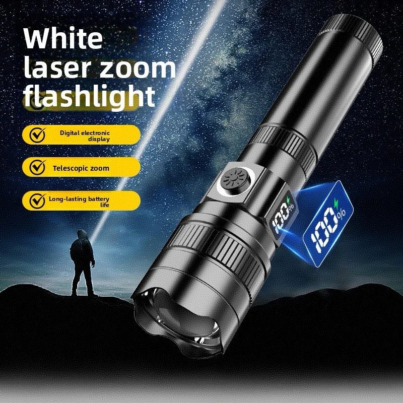 Portable outdoor lighting flashlight with LCD digital display, concealed fast charging aluminum alloy long-range laser cannon