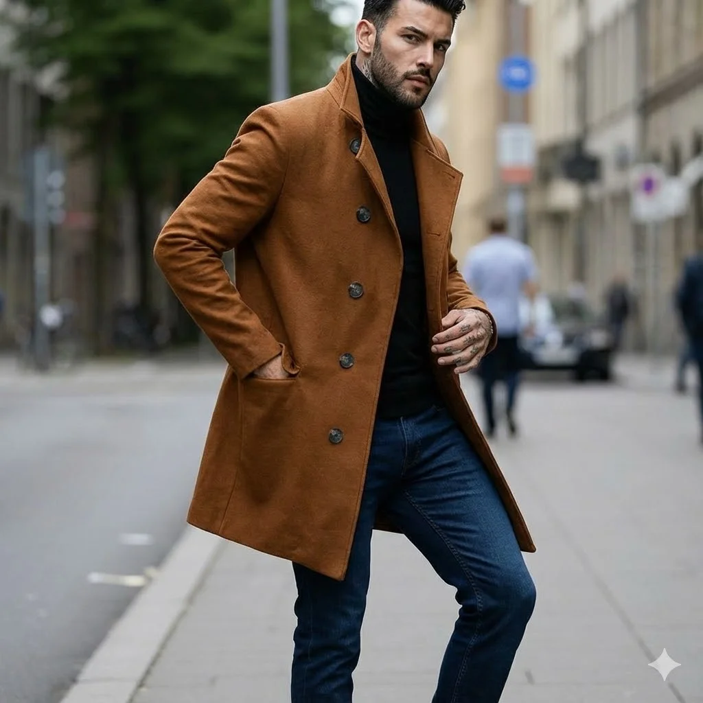 

New Arrival Men's Fashion Double Breasted Woolen Trench Street Style Jacket for Autumn Winter
