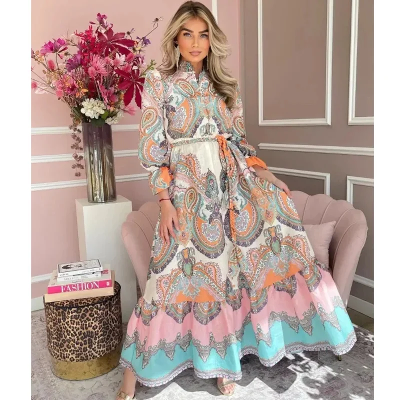 

Fashion Vintage Single Breast Stand Collar Print Dress High Waist Lantern Sleeve Loose Vestidos Spring Lady Cuasal Vocation Robe