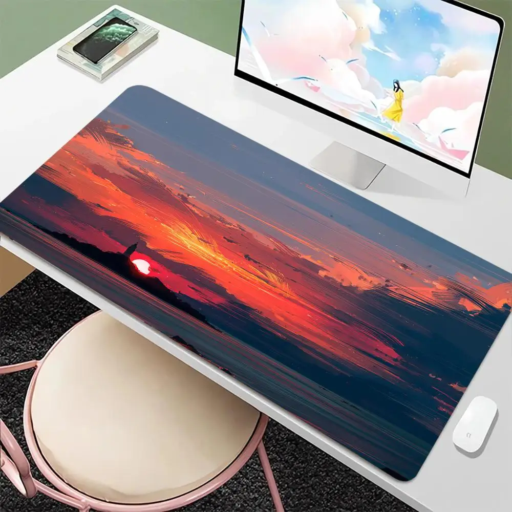 แผ่นรองเมาส์ลายภาพวาดพระอาทิตย์ตกดิน ขนาดใหญ่ สำหรับคอมพิวเตอร์ สำนักงาน เล่นเกม แผ่นรองโต๊ะ XXL ยางกันลื่น แผ่นรองคีย์บอร์ดและเมาส์สำหรับเล่นเกม แผ่นรองโต๊ะยาว