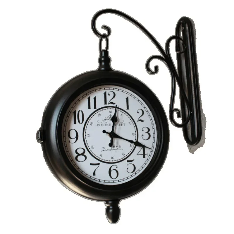 

Retro wrought iron clock silent European double-sided clock American rural pastoral living room wall clock craft