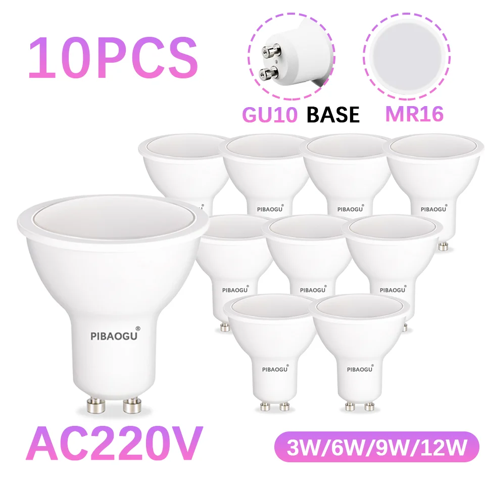 

10 шт. GU10 AC220V светодиодные фонари, энергосберегающие лампы с регулируемой яркостью, без мерцания, 3 Вт, 6 Вт, 9 Вт, 12 Вт, ПК GU10 для дома, гостиной, спальни