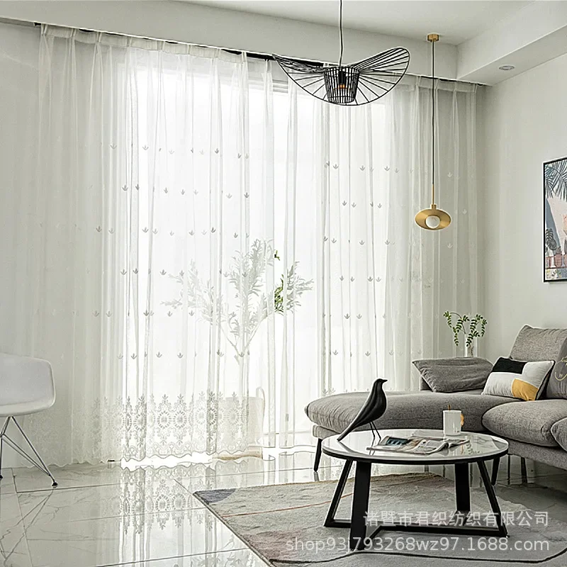 

European Modern Embroidered White Gauze Decoration Bedroom Living Room Balcony Curtain Tulle Finished Product