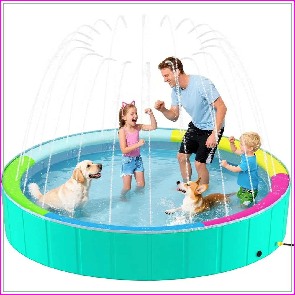 

Foldable Dog Pool with Sprinkler for Large Dogs, Portable Hard Plastic PVC Pet Bathing Tub, Outdoor Collapsible Swimming Pool, 120'' x 20''