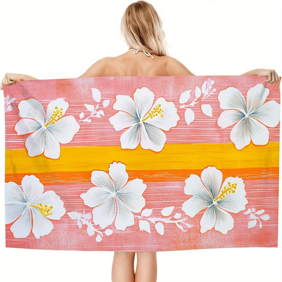 Ultra-Fine Fiber Beach Bath Towel Plush White Hibiscus Flower Palm Leaf Design on Peach Coral Pink Mustard Yellow Quick-Dry